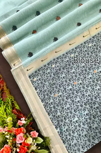 sky blue color cotton saree with contrast blouse