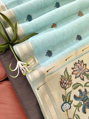 sky blue color cotton saree with contrast blouse 3