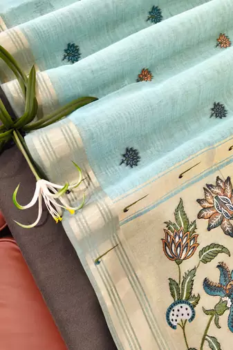 sky blue color cotton saree with contrast blouse