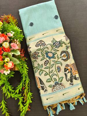 sky blue color cotton saree with contrast blouse 4