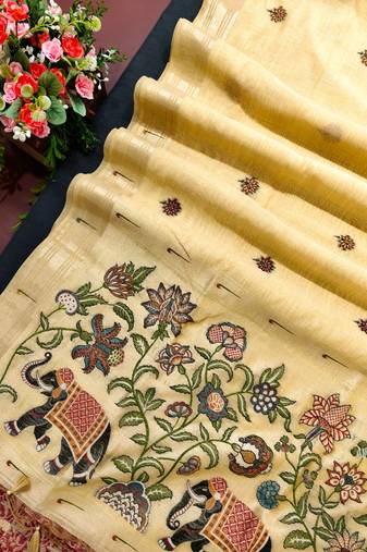 yellow color cotton saree with contrast blouse