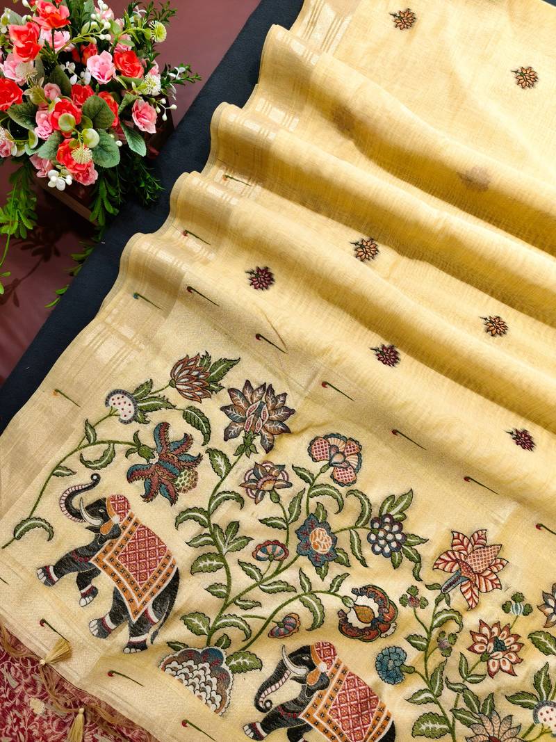 yellow color cotton saree with contrast blouse