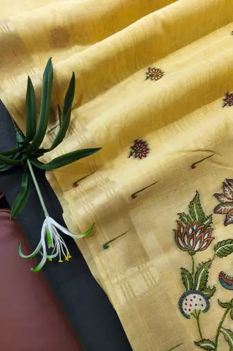 yellow color cotton saree with contrast blouse