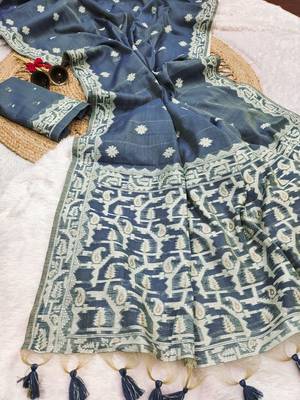 blue color chanderi cotton saree with blouse 1