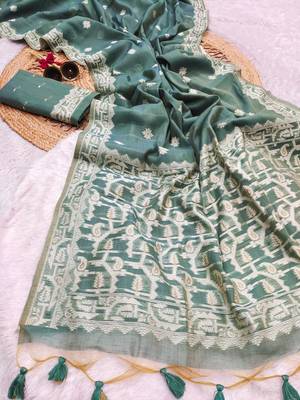 dark green color chanderi cotton saree with blouse 1