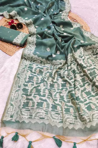 dark green color chanderi cotton saree with blouse