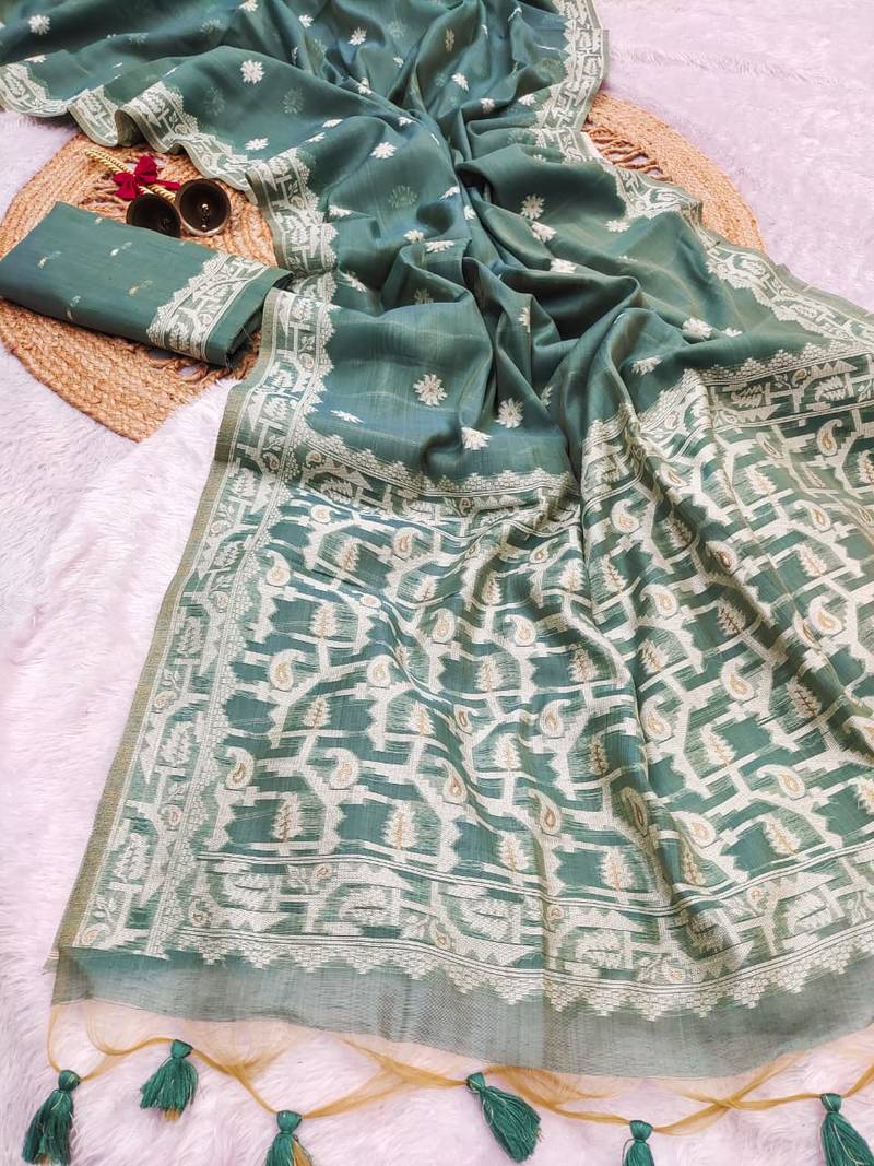 dark green color chanderi cotton saree with blouse