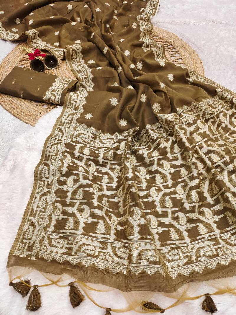 mehendi color chanderi cotton saree with blouse