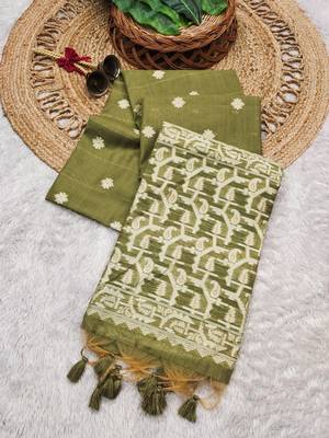 olive color chanderi cotton saree with blouse 1