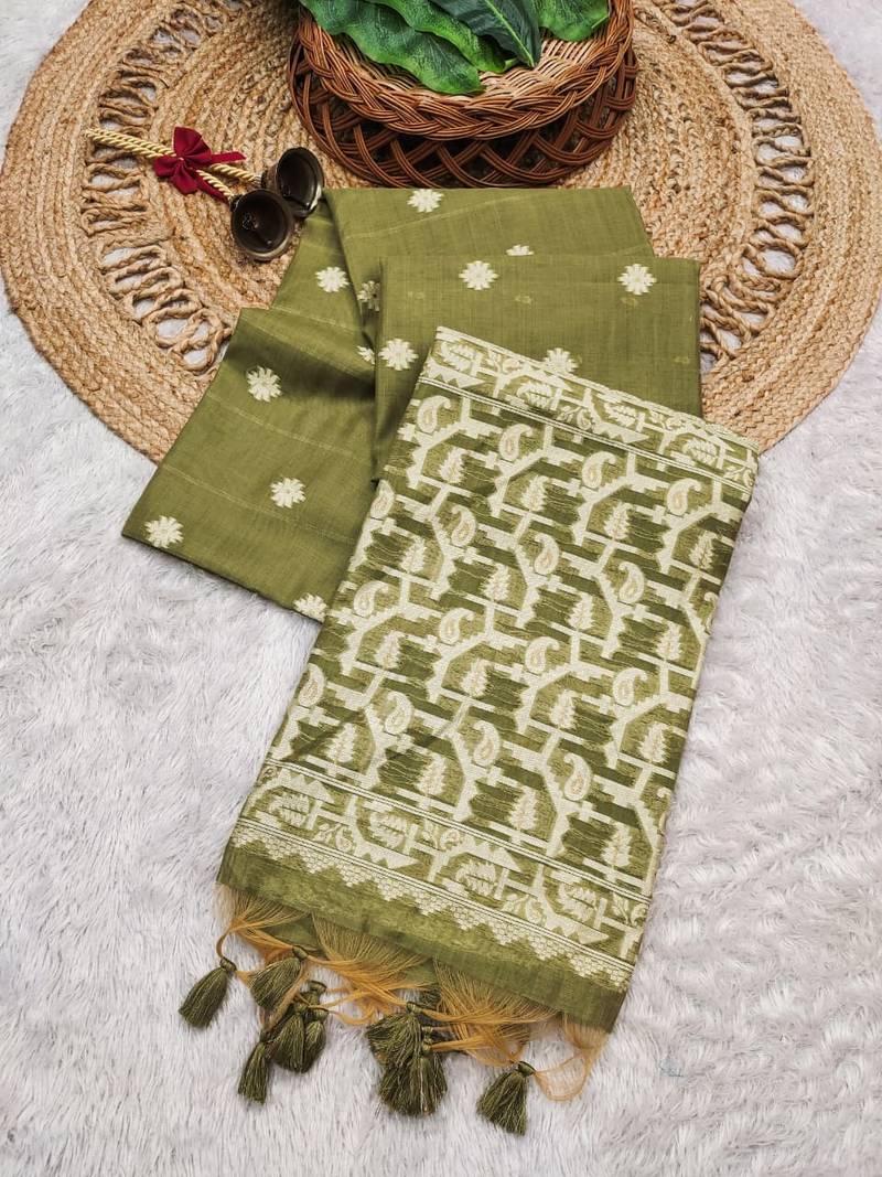 olive color chanderi cotton saree with blouse