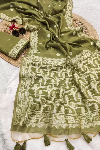olive color chanderi cotton saree with blouse