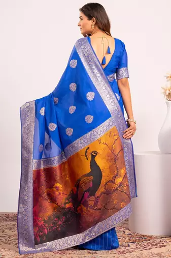 blue color banarasi art silk saree with plain blose