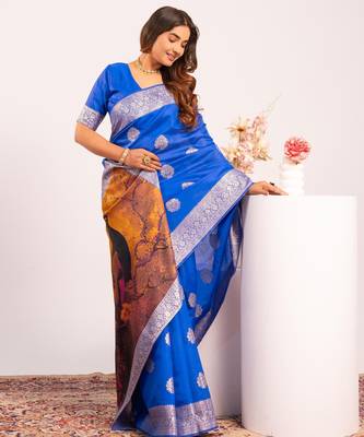 blue color banarasi art silk saree with plain blose 3