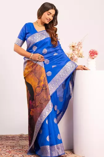 blue color banarasi art silk saree with plain blose