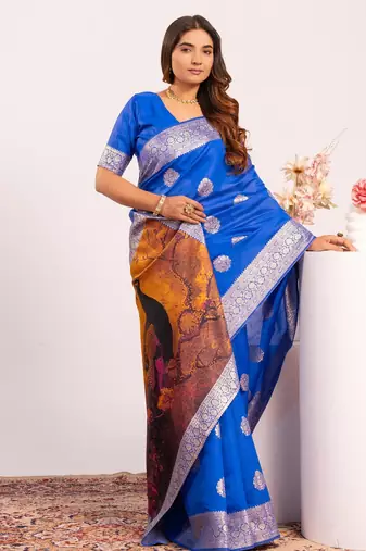 blue color banarasi art silk saree with plain blose