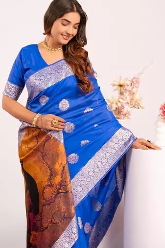 blue color banarasi art silk saree with plain blose