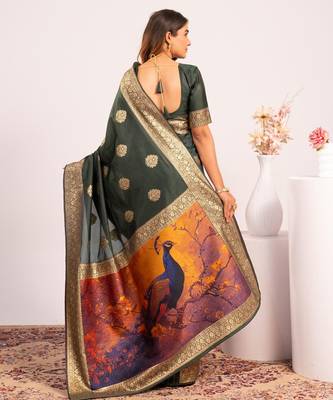 dark green color banarasi art silk saree with plain blose 2