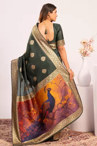 dark green color banarasi art silk saree with plain blose