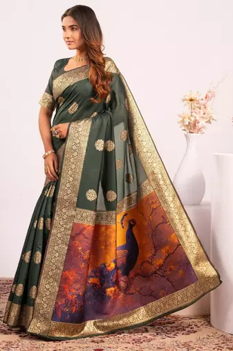dark green color banarasi art silk saree with plain blose