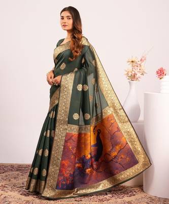 dark green color banarasi art silk saree with plain blose 4