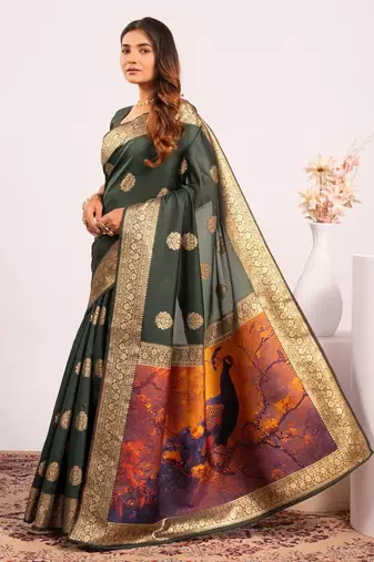 dark green color banarasi art silk saree with plain blose