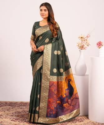dark green color banarasi art silk saree with plain blose 1