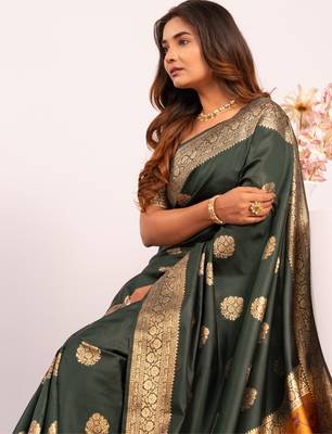 dark green color banarasi art silk saree with plain blose 5