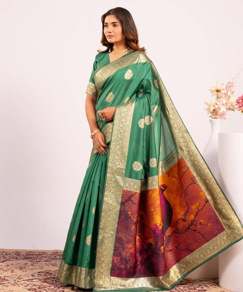 light green color banarasi art silk saree with plain blose