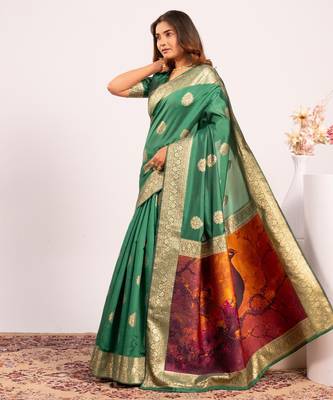 light green color banarasi art silk saree with plain blose 2