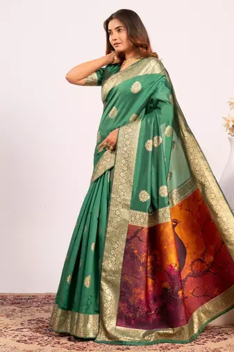 light green color banarasi art silk saree with plain blose