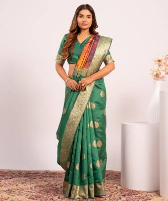 light green color banarasi art silk saree with plain blose 3