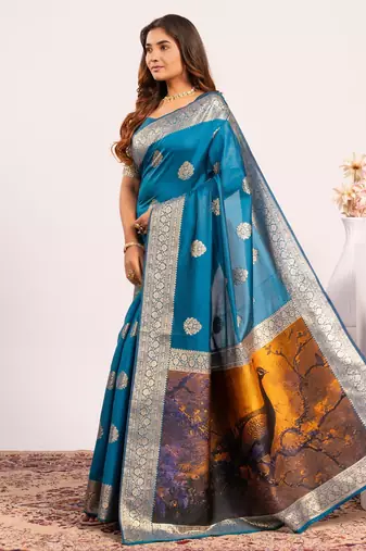 teal color banarasi art silk saree with plain blose