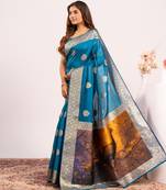 teal color banarasi art silk saree with plain blose