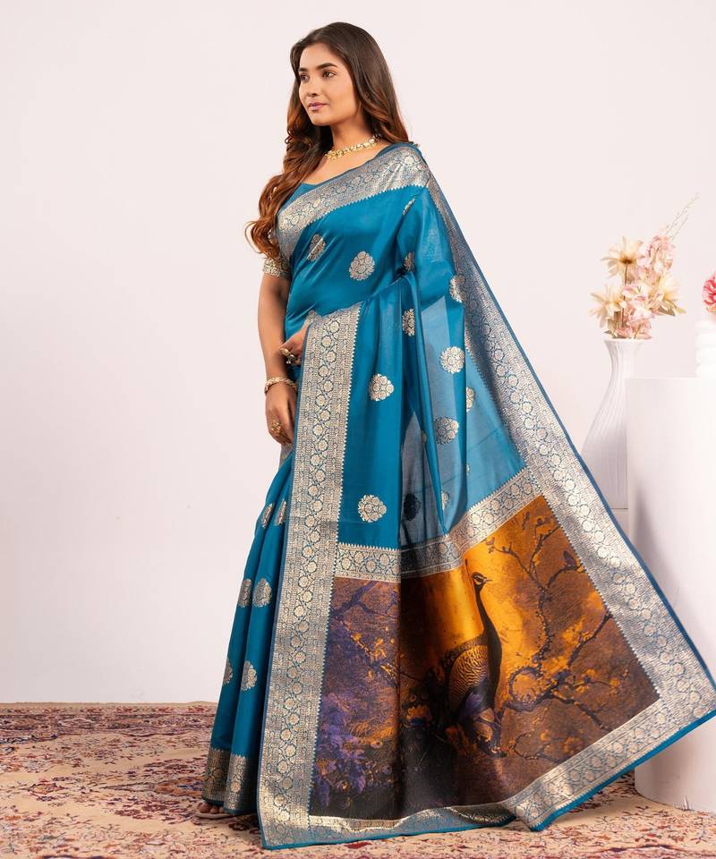 teal color banarasi art silk saree with plain blose