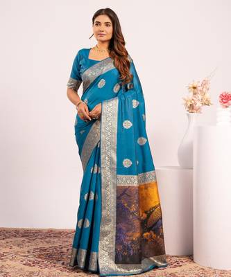 teal color banarasi art silk saree with plain blose 3