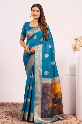 teal color banarasi art silk saree with plain blose