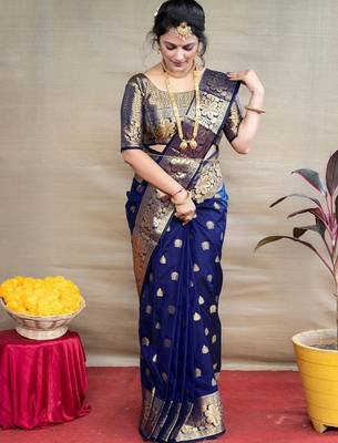 Blue silk blend banarasi jaquard designer saree with blouse 2