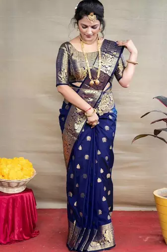 Blue silk blend banarasi jaquard designer saree with blouse