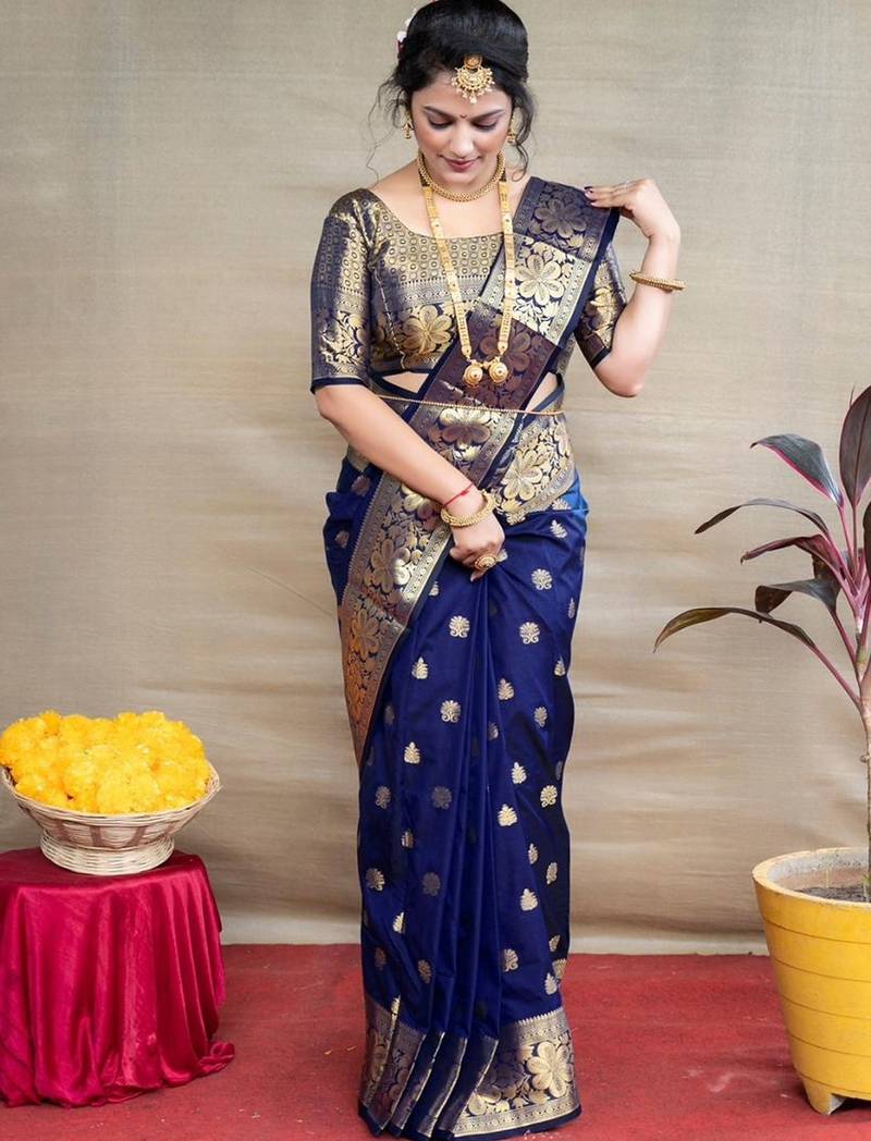 Blue soft silk blend banarasi jacuard work designer saree with blouse