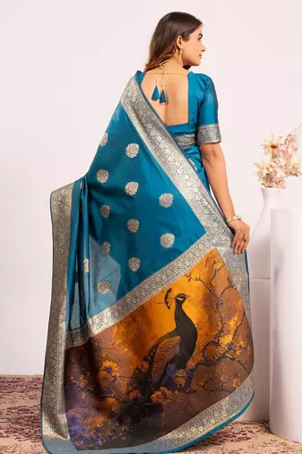 teal color banarasi art silk saree with plain blose
