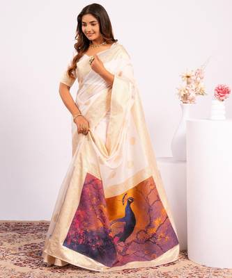 white color banarasi art silk saree with plain blose 1