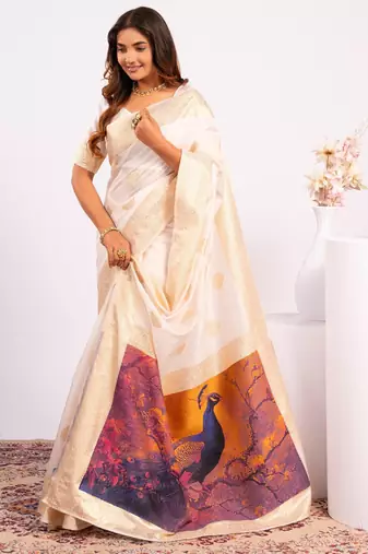 white color banarasi art silk saree with plain blose
