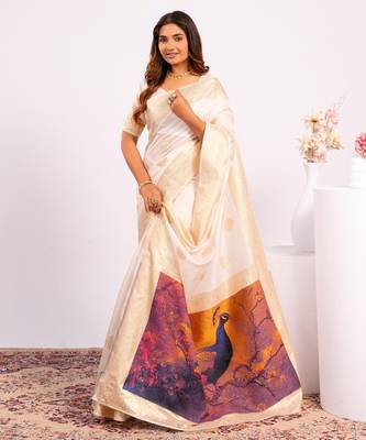 white color banarasi art silk saree with plain blose 2