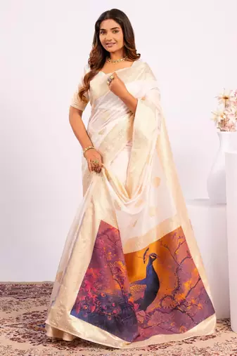 white color banarasi art silk saree with plain blose