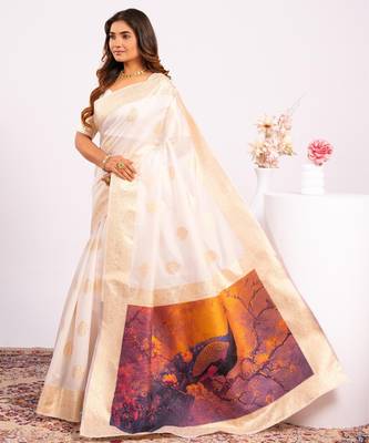 white color banarasi art silk saree with plain blose 3
