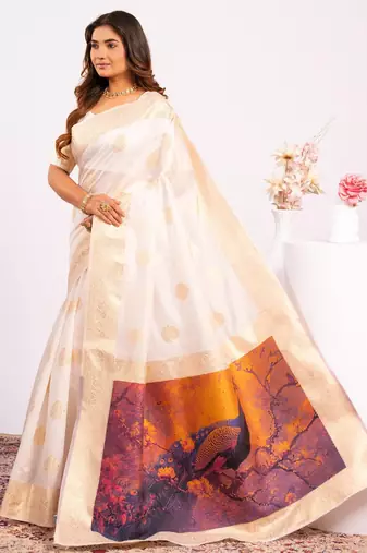 white color banarasi art silk saree with plain blose