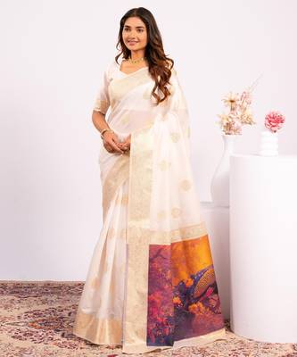 white color banarasi art silk saree with plain blose 4