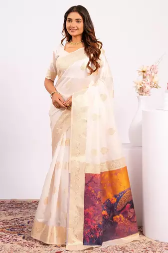 white color banarasi art silk saree with plain blose