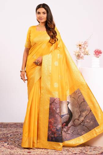 yellow color banarasi art silk saree with plain blose