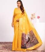 yellow color banarasi art silk saree with plain blose